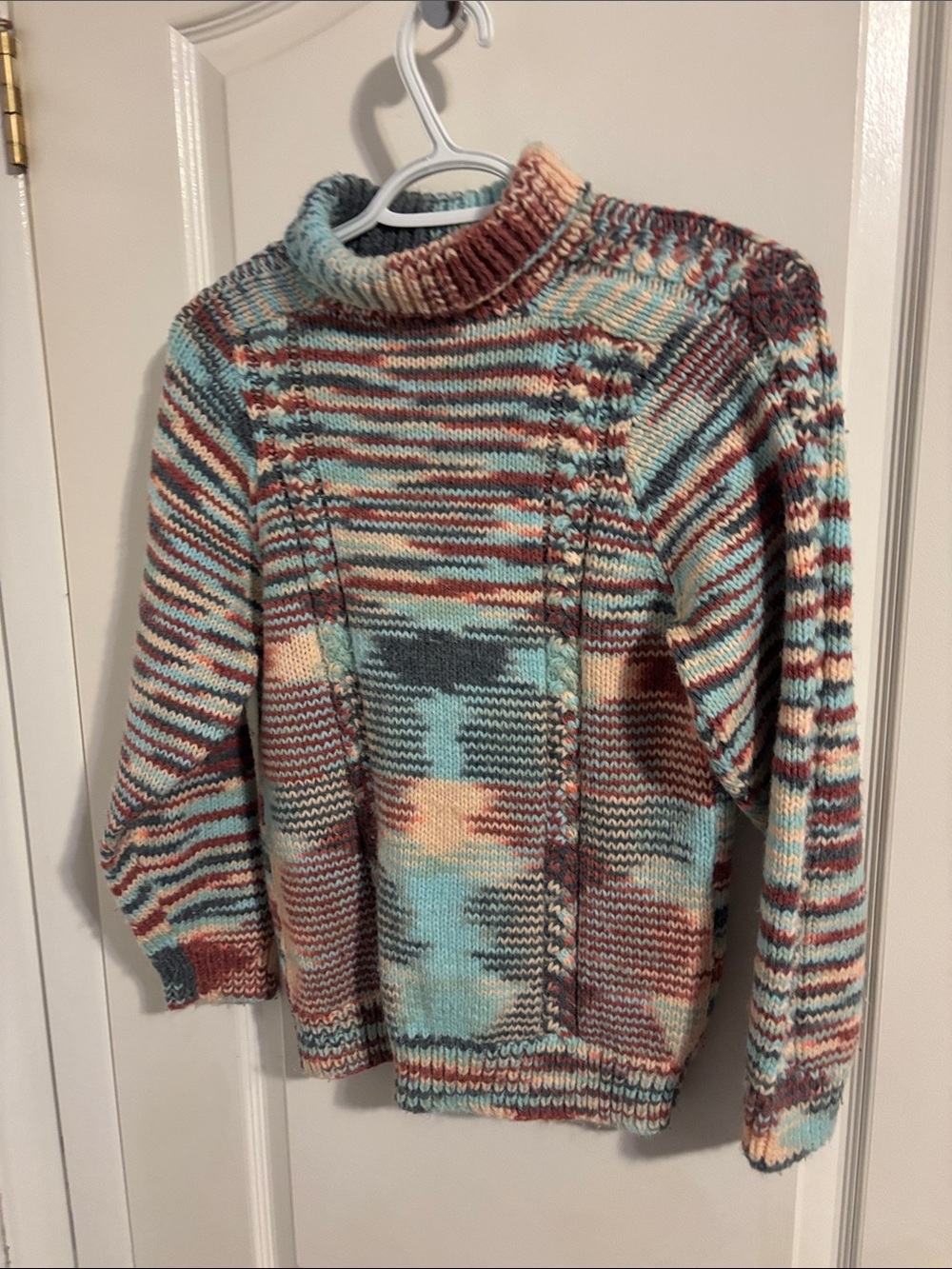 Handmade Cozy Multicolor Cowl-Neck Sweater in Blue, Cream & Brown 100% Wool